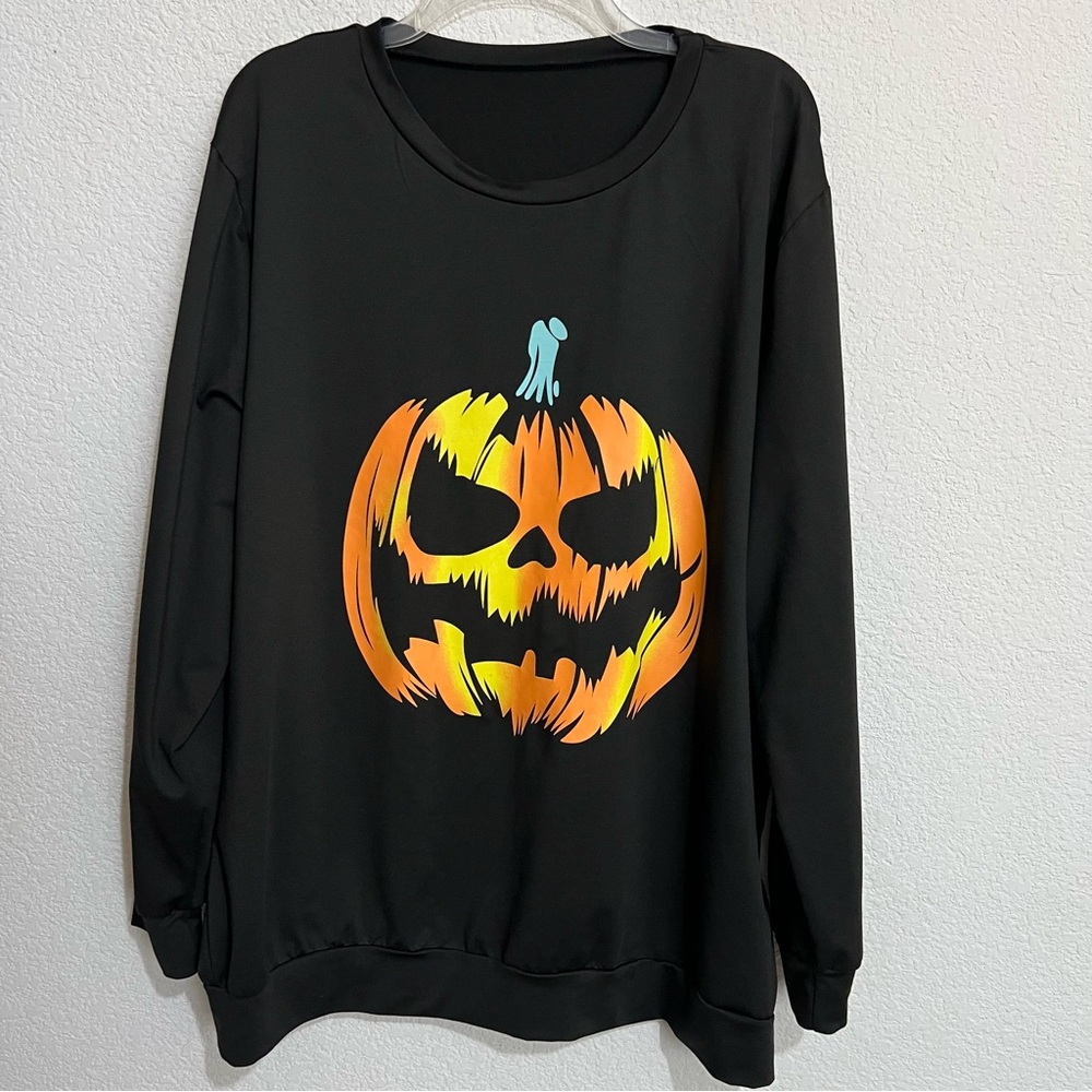 Black Halloween Jack O Lantern Pumpkin Long Sleeve Top Sweater 3XL Unisex